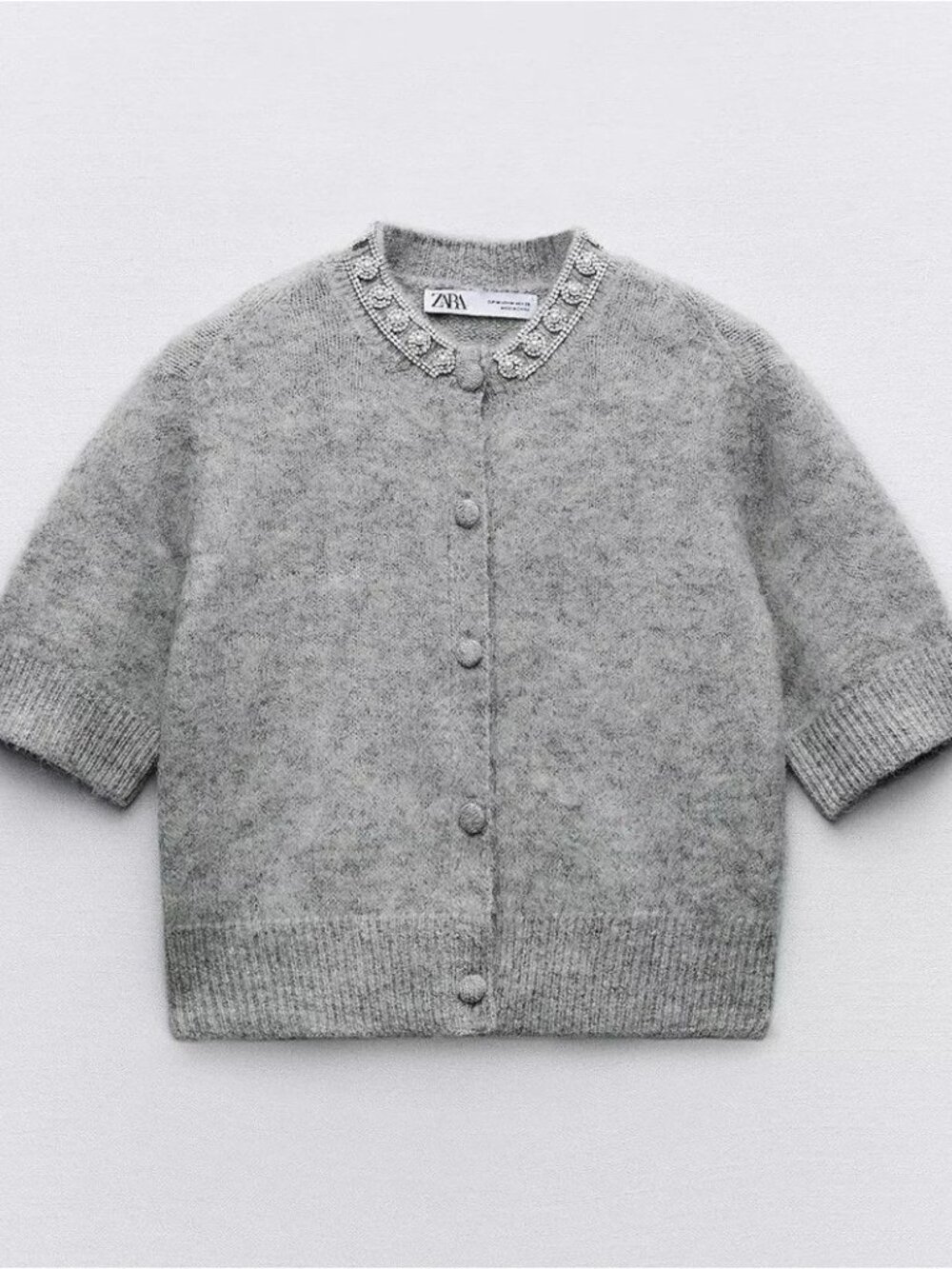 Zara Gray Wool Blend Bejeweled Collar Short Sleeve Cardigan Sweater Size M